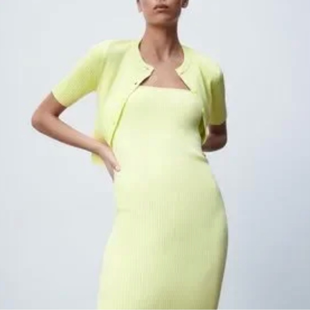 Zara Women Yellow Green Ribbed Knit Dress w/ Crop Button Down Top Cardigan Small